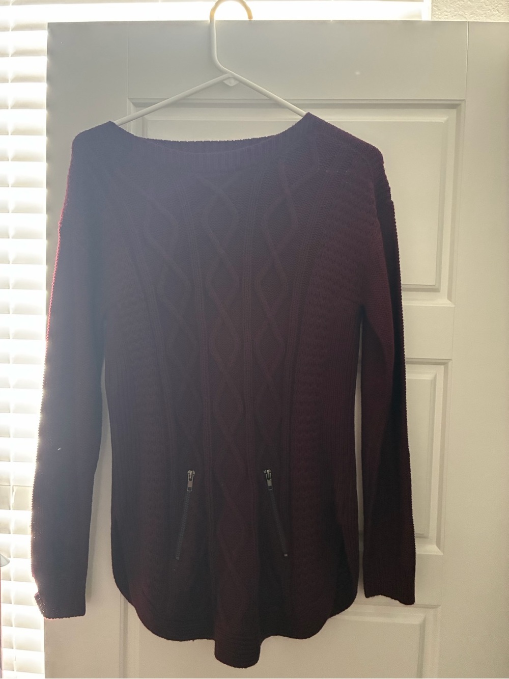It's Our Time Burgundy Cable Knit Crew Sweater with Zip Pockets